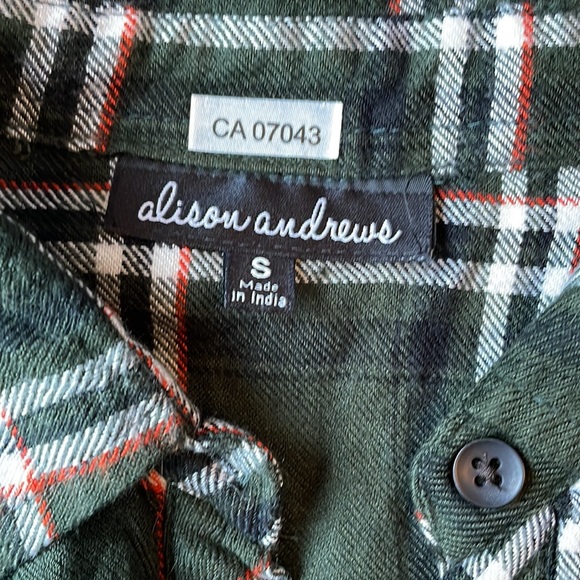 Dark olive green with red and white plaid detail with ruffle front. - Picture 3 of 4